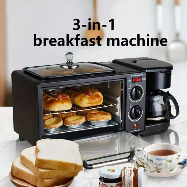 3-in-1 Breakfast Station - Coffee Maker, Non-Stick Griddle, and Toaster Oven - Versatile Breakfast Maker Machine with Timer for Kitchenettes/Apartments/Dormitories- Black