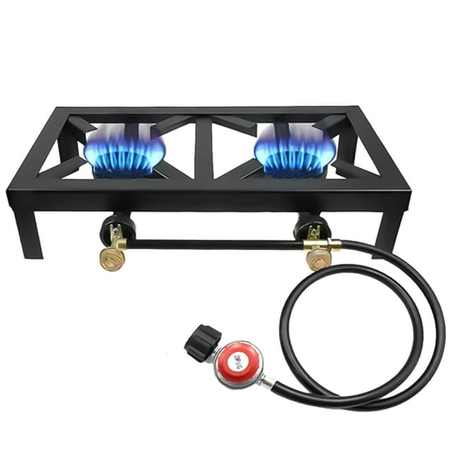 GVDV Outdoor Double Burner, Portable Camping Gas Stove Propane Cooker with Adjustable 0-20Psi Regulator Hose, Black