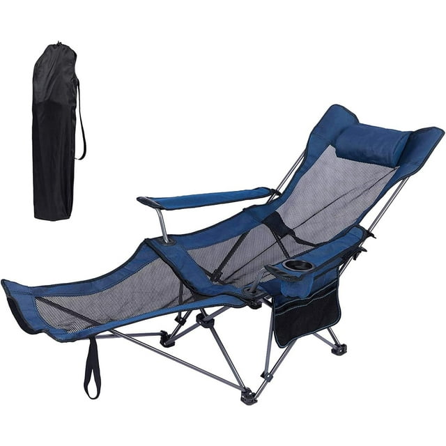 GVDV Portable Camping Lounge Chair with Footrest, Fully Cushioned Seat and Back with Side Pocket and Cup Holder, Carry Bag Included, Collapsible Chair for Camping, Tailgates, Beach, and Sports