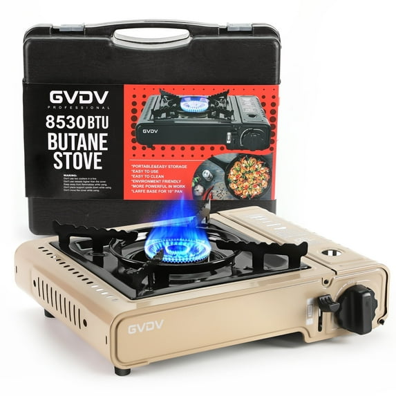 GVDV Portable Camping Stove, 1 Burner Butane Gas Stove with Updated Carrying Case, Gold