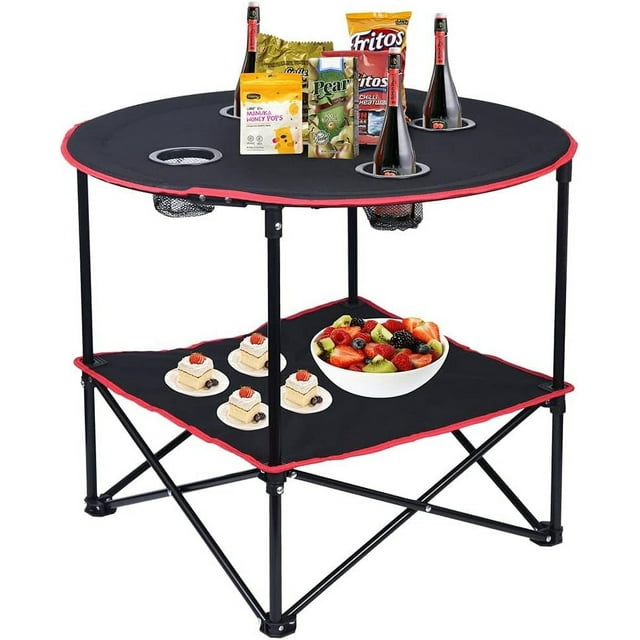 GVDV Portable Camping Table with Carry Bag, Outdoor Folding Beach Tables Picnic Table with 4 Cup Holders, Lightweight Canvas Foldable Camp Tables for Outside, Camping, Hiking, Tailgating