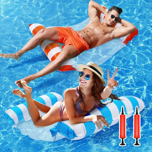 Inflatable Pool Floats Hammock,2 Pack 4-in-1 Inflatable Water Hammock with 2pcs Manual Air Pump（Blue, Orange）