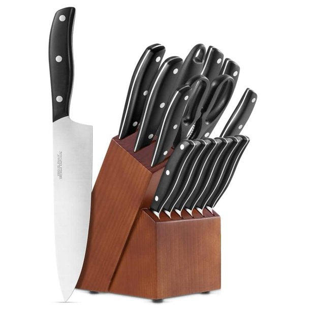 Kitchen Knife Set, 15-Piece Knife Set with Built-in Sharpener and Wooden Block, Ultra Sharp Full Tang Forged