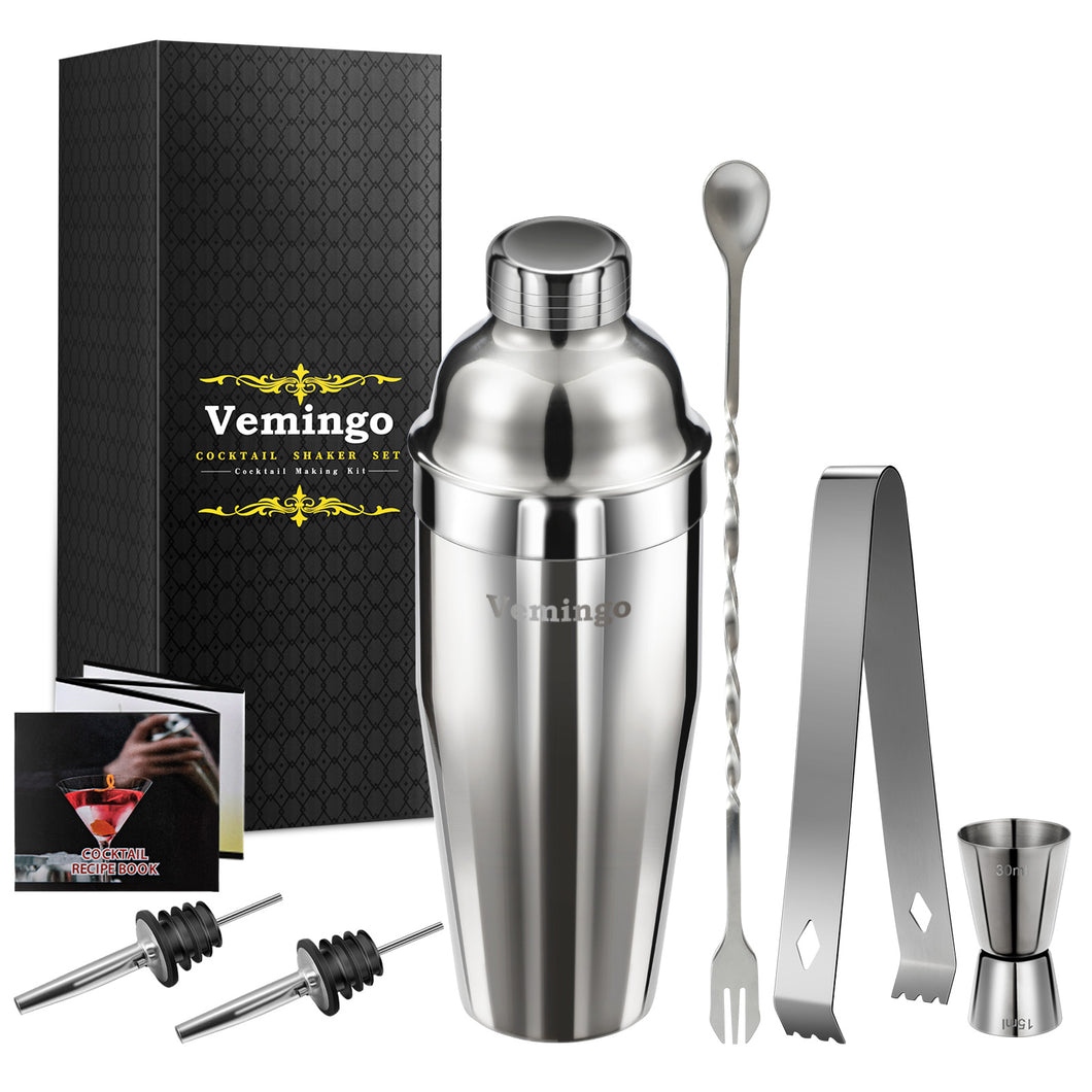 Vemingo Bartender Kit with Stand | Silver Bar Set Cocktail Shaker Set for Drink Mixing, Best Bartender Kit for Beginners