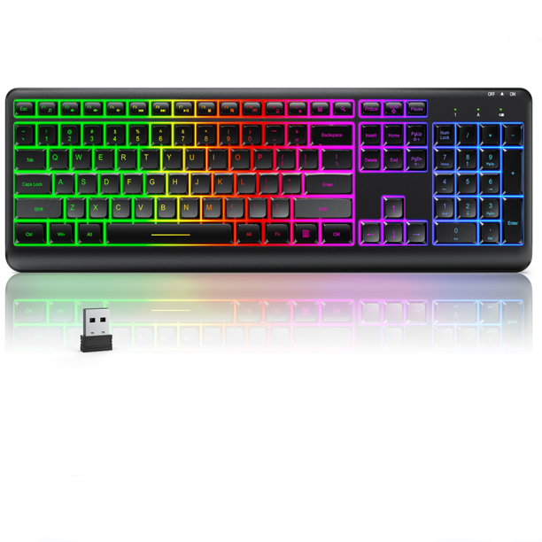 Backlit Wireless Keyboard, seenda 2.4G Rechargeable Wireless Illuminated Keyboard, Full Size Ergonomic RGB Backlit Keyboard with Foldable Stand for Computer/Desktop/PC/Laptop/Surface/Smart TV