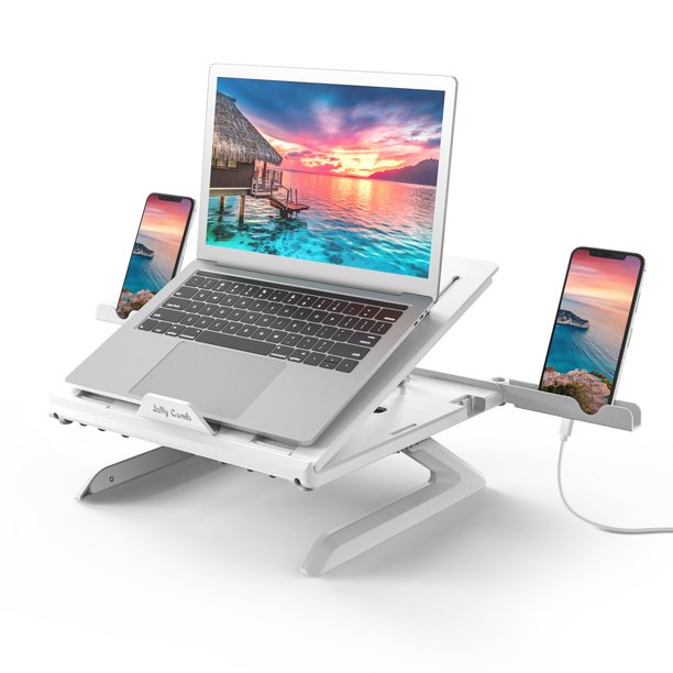 JELLYCOMB Laptop Stand, Ergonomic Notebook Riser Desk 9-Level Adjustable with Foldable Legs, Phone Holders and Cooling Design for Macbook, Tablet, Book, Computer / Desktop Monitor-White