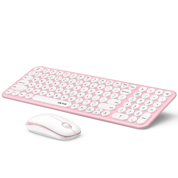 Wireless keyboard and Mouse Combo, Jelly Comb 2.4G Slim Ergonomic Quiet Keyboard and Mouse with Round Keys for Windows, Laptop, PC, Notebook-White and Pink