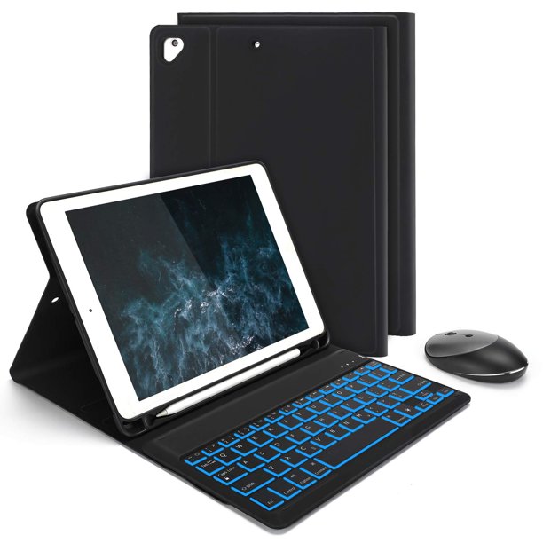 Bluetooth Backlit Keyboard Case with 2.4G + Dual Bluetooth Mouse for iPad Air 2, iPad Pro 9.7, iPad 9.7 2017, iPad 2018 (6th Gen), Removable Keyboard US Layout with Case and Wireless Mouse, Black