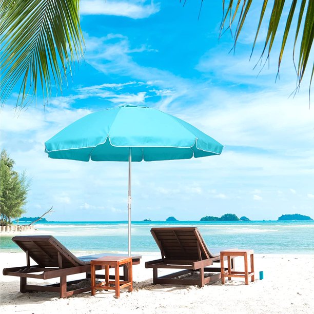 Beach Umbrella with Sand Anchor, Push Button Tilt and Carry Bag, UV 50+ Protection Windproof Portable Patio Umbrella for Garden Beach Outdoor, Sky Blue